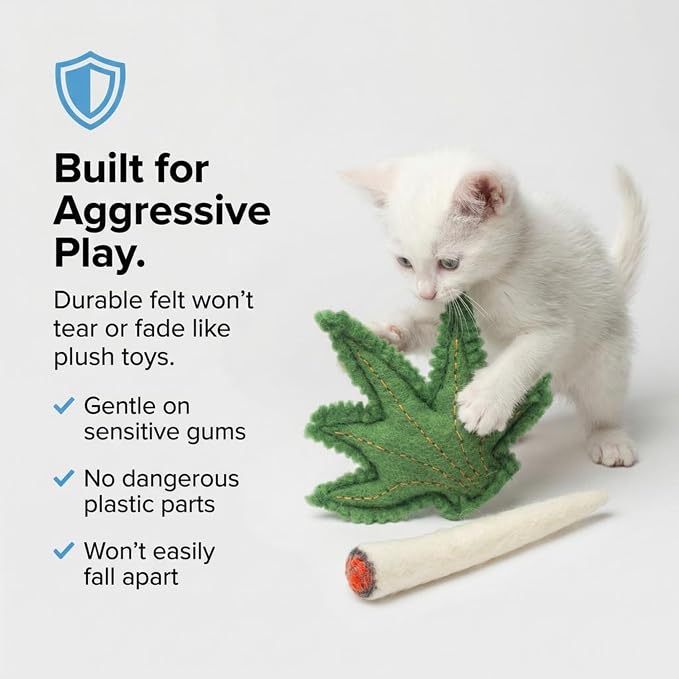 Glaciart One Catnip Joint & Leaf Cat Toy Set | Crack for Funny Kittens, Stimulating Toys for Boredom, Exercise & Play | Filled w/Organic Catnip to Excite/Calm Kitty | Organic Idea