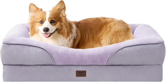 EHEYCIGA Orthopedic Dog Bed for Medium Dog, 35x22 Inch Memory Foam Dog Couch Bed with Sides, Waterproof Liner & Washable Removable Cover, Bolster Pet Sofa, Purple