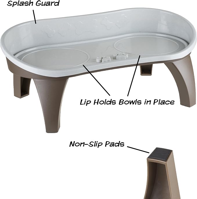 Elevated Pet Feeding Tray - 21″ x 11″ x 8.5″ Raised Dog Bowl Stand with Splash Guard and Non-Skid Feet - Comfortable Mealtime for Dogs and Cats by PETMAKER (Brown/Gray)