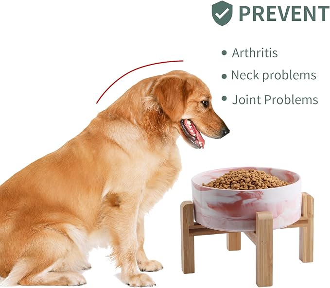 Raised/Elevated Ceramic Dog Bowl for Medium Large Sized Breeds,Large Dog Food Water Bowl with Stand,8 in Non Slip Heavy Weighted 1800ml/ 7.6 Cups/60 OZ Marble Pink