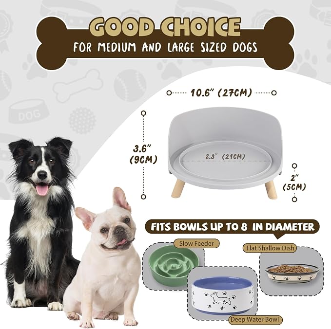 Raised Dog Feeder Bowl Stand (Without Bowls), Fits Dish up to Φ 8" | Spill Proof Elevated Dog Food Stand, Anti-slip Pet Food Holder Feeding Table for Medium and Large Breeds, Grey