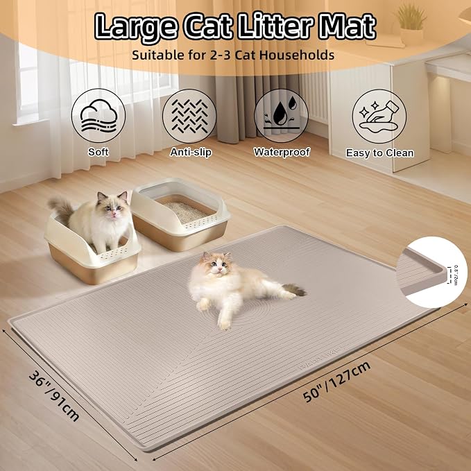Silicone Cat Litter Mat 50" x 36" Cat Mat for Litter Box, Khaki | Extra Large Cat Litter Trapping Mat for Floor, Waterproof, Non-Slip Kitty Litter Box Mat with Raised Edge, Easy to Clean