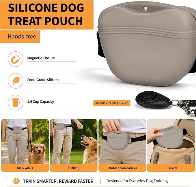 Silicone Dog Treat Pouch with Training Clicker | Upgraded Magnetic Closure, 1.6 Cup Capacity, Food-Grade Silicone, Easy Cleaning, Adjustable Belt for Training and Walking