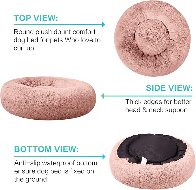 SAVFOX 36 inches Calming Donut Dog Bed - 3X Durable Plush Faux Fur, Machine Washable & Non-Slip, Fits up to 100 lbs, Pink