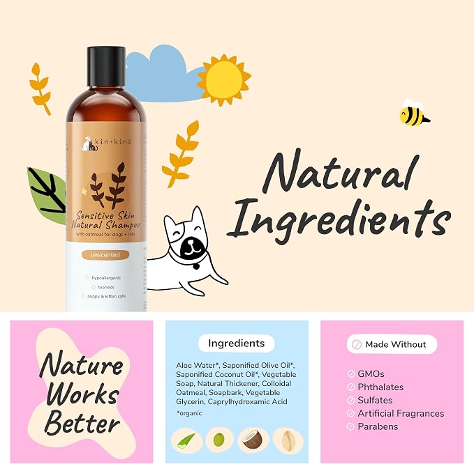 kin+kind Sensitive Skin Natural Dog and Cat Shampoo - Gentle Oatmeal Clean - Fragrance Free - 12 fl oz