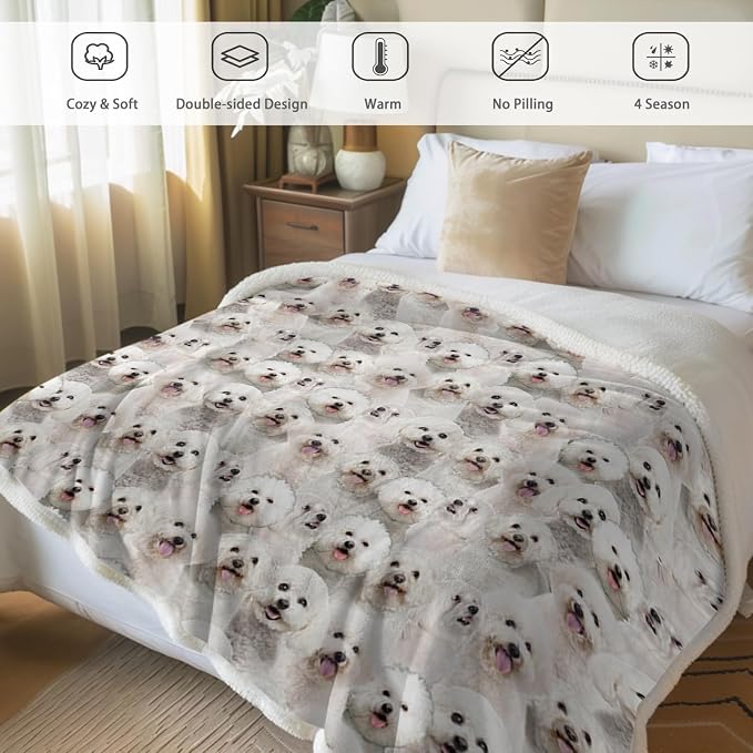 BlessLiving Bichon Frise Blanket 108x90 Inches - Ultra Soft Reversible Sherpa & Fleece Throw, Large Plush Cozy Blanket for Couch Bed Sofa, Gift for Dog Lovers Women Men