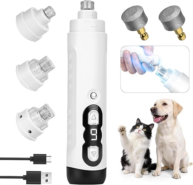 Quiet Dog Nail Grinder Clippers, 9-Speed Pet Nail Trimmer with LED | Low noise, Safety sensor guard, 2 LED lights, USB rechargeable, Professional grooming, Sensitive paws, Dogs cats all breeds