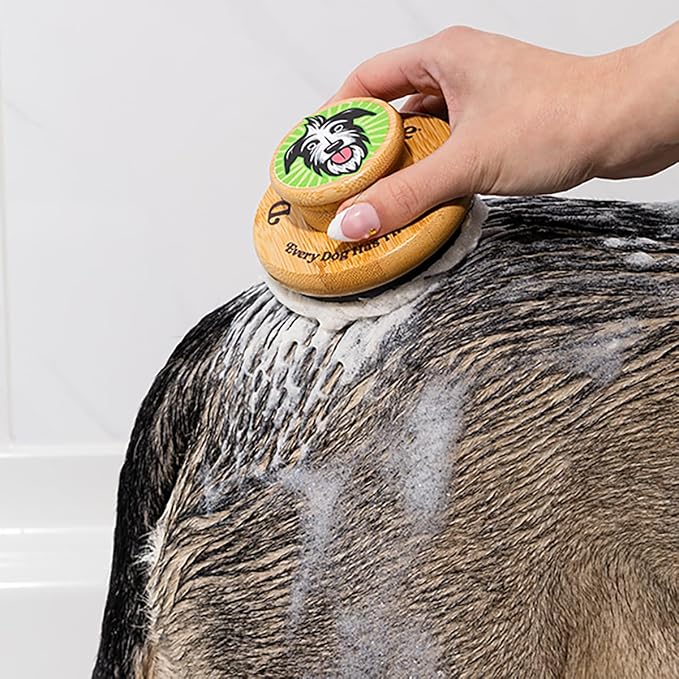 Doggy Style Large Bamboo Dog Bath Scrubber, Bamboo Handle with Soft Silicone Bristles, Shampoo & Massage Tool for Medium & Large Dogs