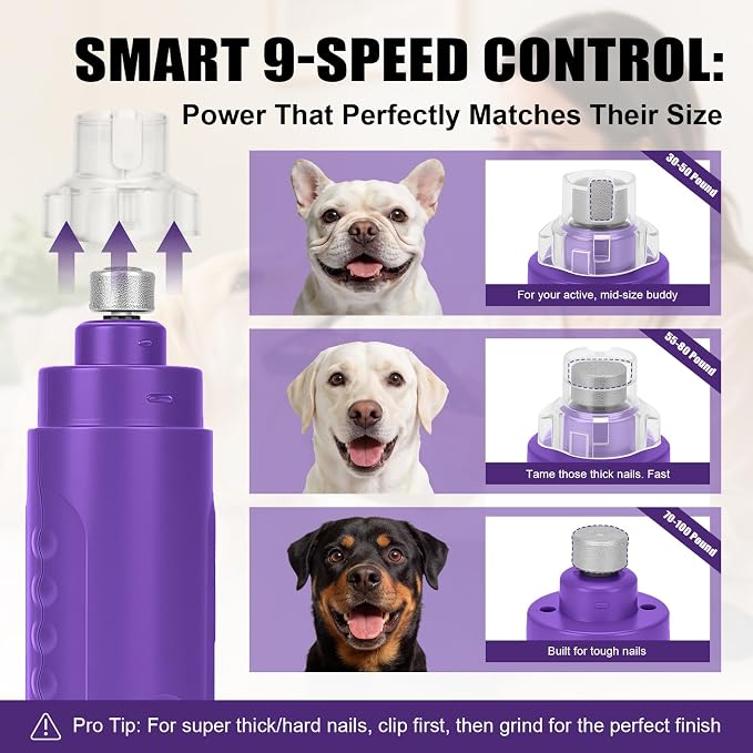 Quiet Dog Nail Grinder Clippers, 9-Speed Pet Nail Trimmer with LED | Low noise, Safety sensor guard, 2 LED lights, USB rechargeable, Professional grooming, Sensitive paws, Dogs cats all breeds