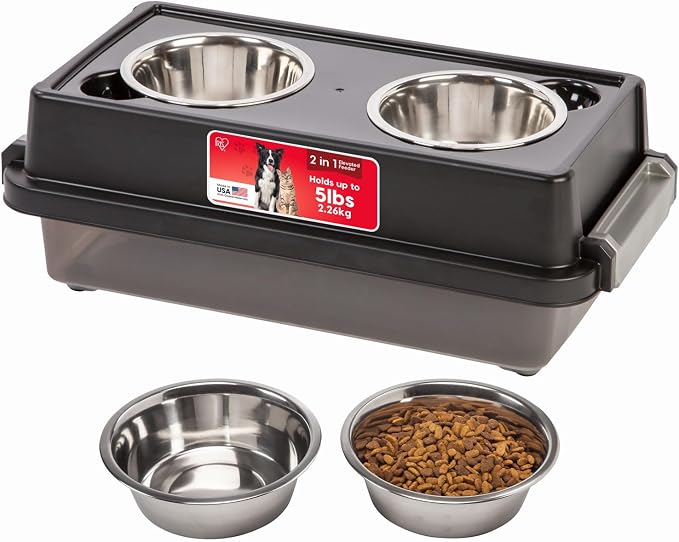 IRIS USA Elevated Dog Bowls with Storage, 6" H Raised Feeding Station, Dog Bowl Stand with Airtight Food Storage Holds 5 lbs, 4 Removable 16 oz Stainless Steel Food and Water Bowls, Smoke/Black