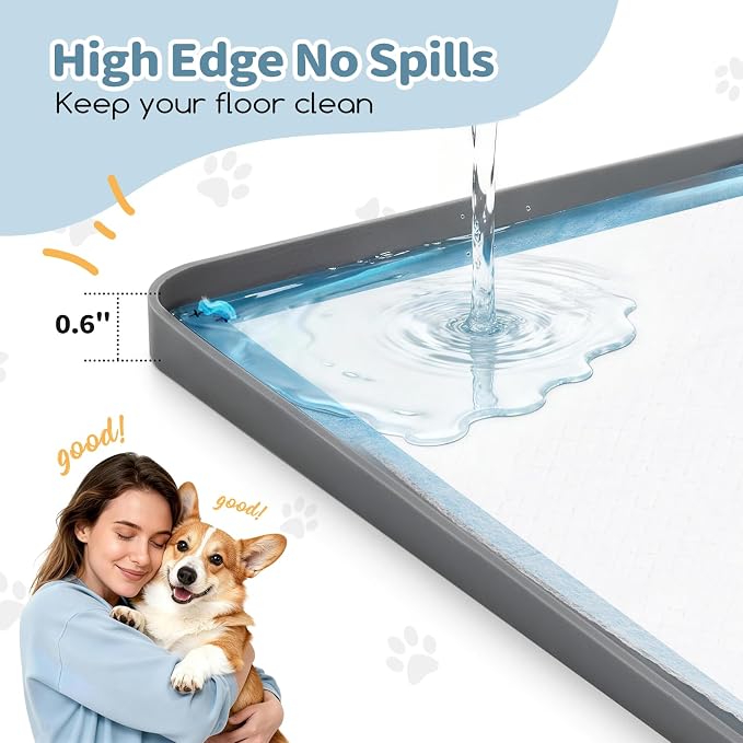 Pee Pad Holder, Silicone Dog Puppy Pad Tray for DogTraining Pads Non-Slip Leak-Proof High Edge Mat, Dog Potty Tray for Home Floor Protection- Grey 25" x 36"