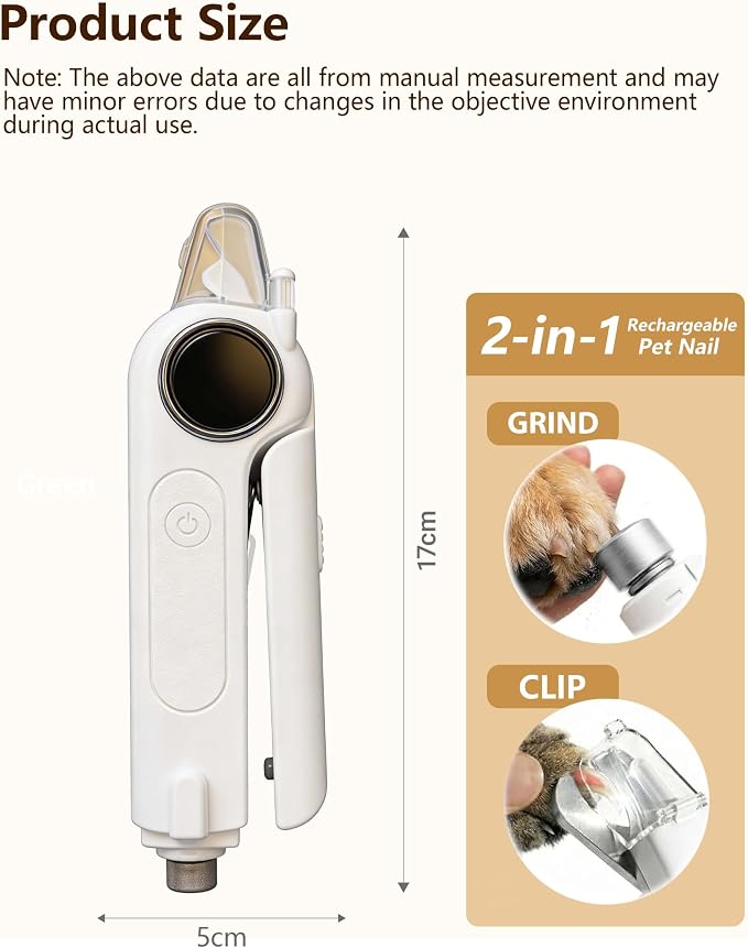 2-in-1 Pet Nail Clipper and Grinder with LED Light & Safety Guard - Painless Quiet Grooming Tool for Small & Large Dogs & Cats, Avoid Overcutting Professional Pet Trimmer
