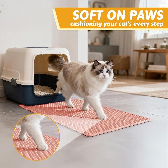 Pieviev Cat Litter Mat, Double-Layer Waterproof Design, 24" x 15" Coral Red | Honeycomb Litter Box Mat Catches Scattered Particles to Stop Tracking, Urineproof Base protects Floors, Easy to Clean