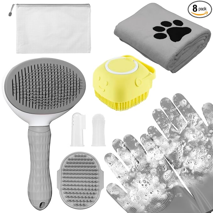 Dog Grooming Kit for Shedding – 8-Piece Pet Grooming Supplies with Deshedding Brush, Bath Gloves, Towels & Silicone Toothbrush | Ideal for Dogs, Cats, Small and Large Pets (Gray)