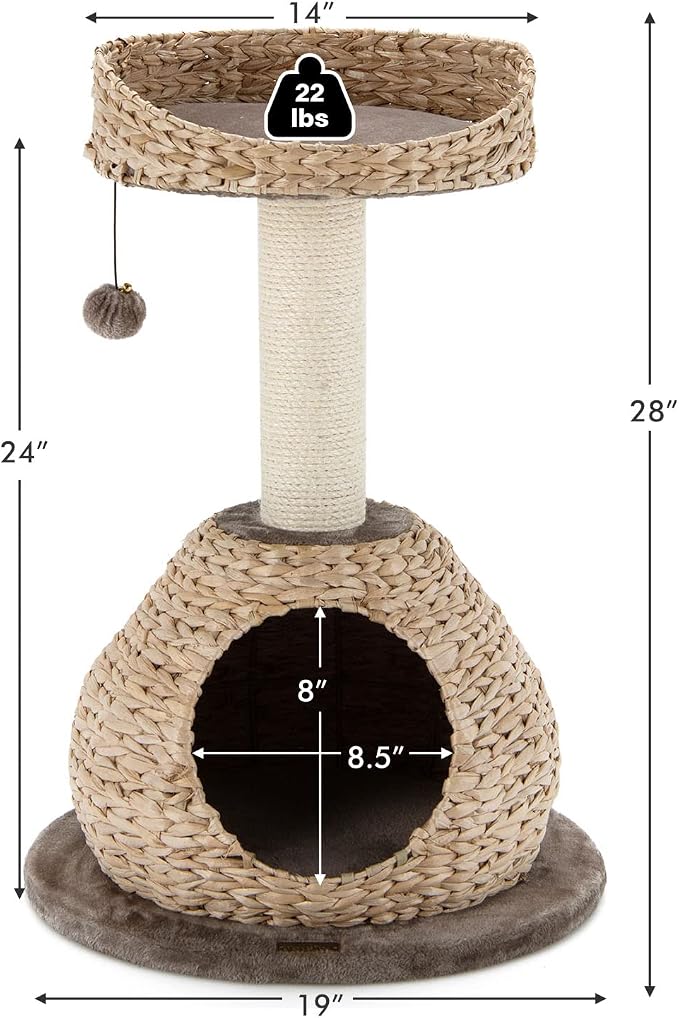 Modern Cat Tree Tower, Paper Rope Natural Bowl Shaped with Perch, Scratching Post, Rattan Cat Activity Tree for Kittens, 28" Tall