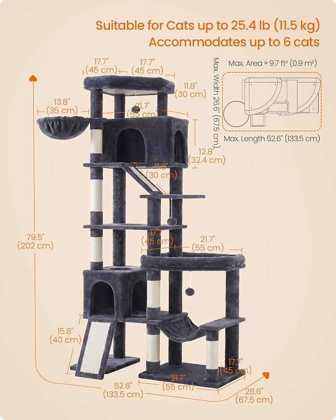 Feandrea Multi-Level Cat Tree for Large Cats, 79.5 inch Tall Cat Tower with 6 Resting Areas and Sisal Scratching Posts, 41.3 x 17.7 x 79.5 inch, Dark Gray Clawfy Collection UPCT020G201