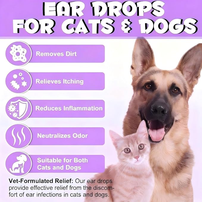 Dog Ear Drops for Infection, Vet-Recommended Dog Ear Cleaner Solution Ear Infection Treatment for Dogs & Cats, Soothe Itchy Inflamed Ears, Gently Remove Debris Wax Buildup & Eliminate Odor, 4 fl oz
