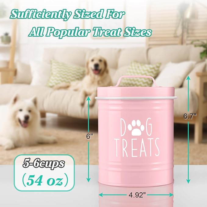 OUTNILI Pink Small Dog Treat Container Airtight - 6" Tall X 4.9" Round Pink Dog Treat Jar for Kitchen Counter - Rustic Treat Storage Canister for Dogs, Cats, Small Animals - Gifts for Pet Owners