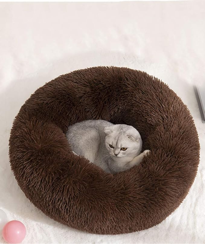 Faux Fur Dog Bed, Shag Round Anti-Anxiety Pet Calming Doughnut Cuddler for Medium Large Puppy Dog Cat Kennel Cushion Self Warming Bed (28'' D x 8'' H, Chocolate)