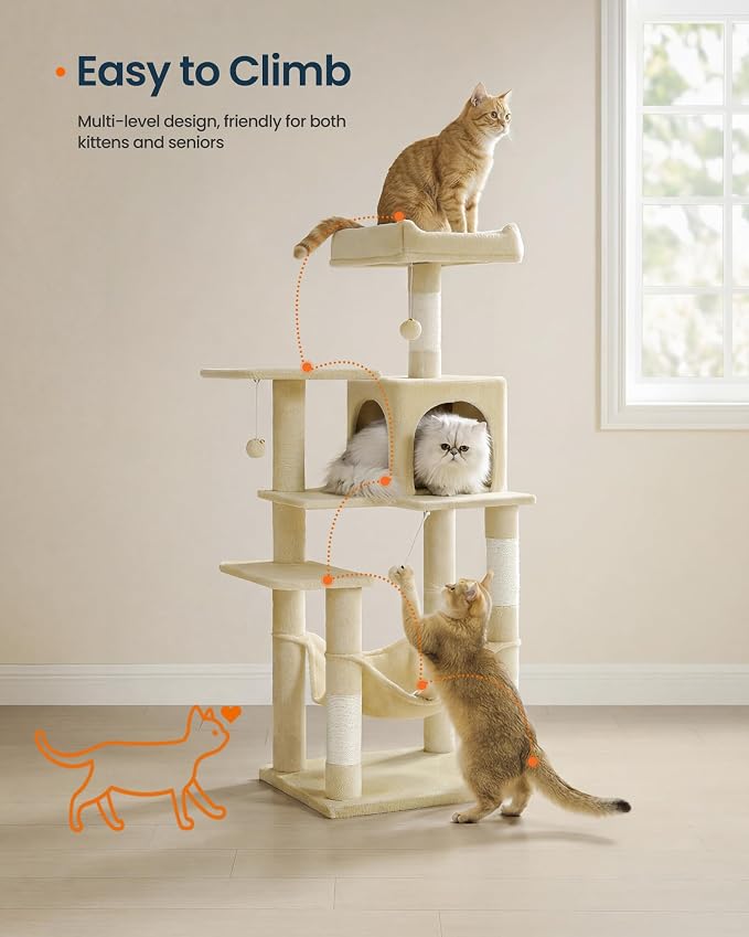 SONGMICS HOME Cat Tree for Indoor Cats, Multi-Level Cat Tower with Sisal Scratching Posts, Hammock and Condo, Beige