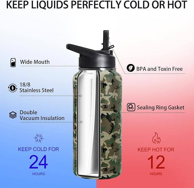 32oz Camo Insulated Aater Water Bottle with Straw Gym Hiking Sports Coffee Mug Cup Water Bottles Gifts for Women,Camo Decor Stuff Accessories