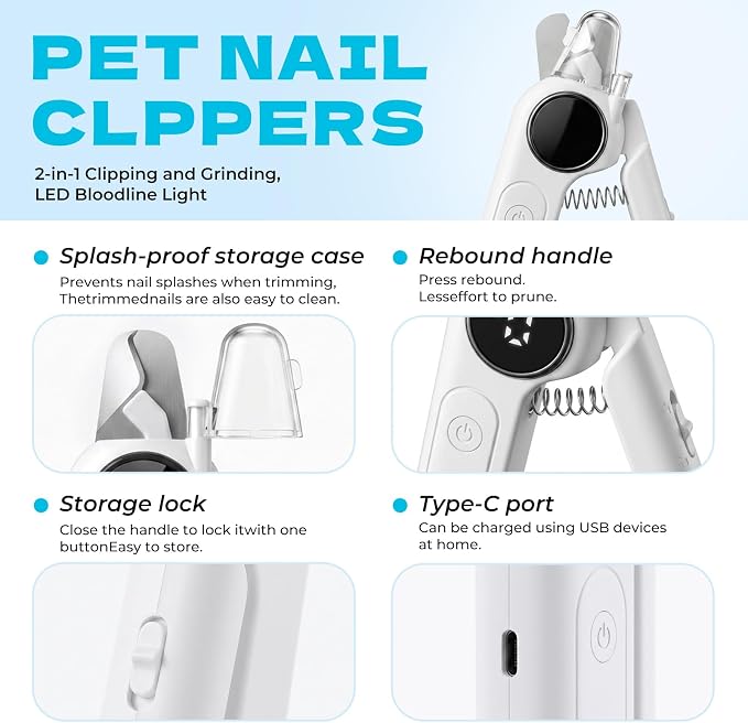 2-in-1 Pet Nail Clipper with LED Light and Digital Display – Upgraded Cat and Dog Nail Grinder with Safety Guard, USB Charging, Splash-Proof, Low-Noise, Pain-Free Nail Trimmer (White)