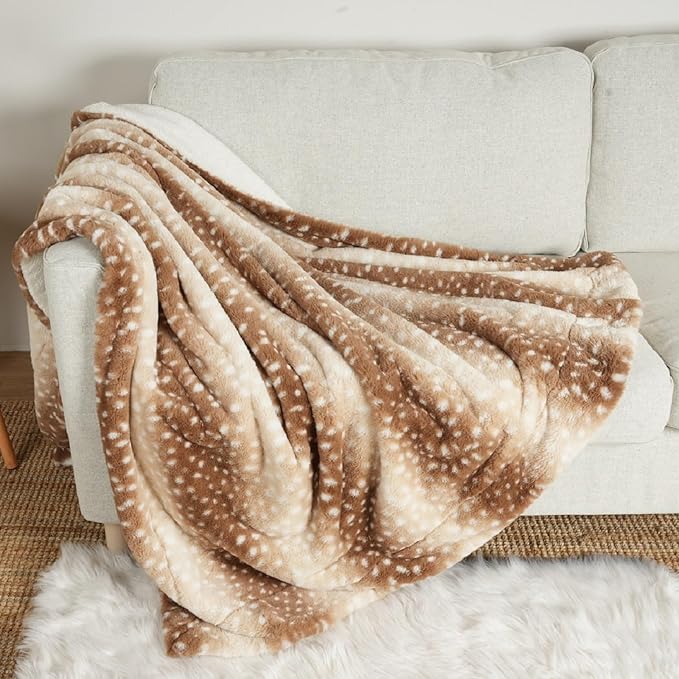 COZY KISS Luxury Faux Fur Blanket Deer Print, Waterproof Pet Blanket Washable, Woman Sofa Bed Couch Throw, Liquid Pee Proof for Large Dog or Cat, Reversible, Super Soft, 50x60 inch, Brown