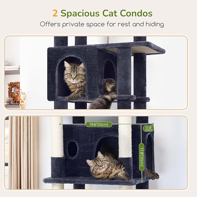 Globlazer F74B Cat Tree for Indoor Cats Large Adult, Multi-Cat, Dark Grey | Easy Setup, 74in Tall Tower, Oversized Top Perch, 2 Large Condos, Hanging Basket, 5 Sisal Scratching Posts, Anti-Topple Strap