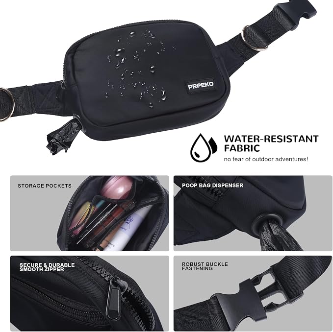 Prpeko Dog Treat Pouch Fanny Pack,Treat Pouches for Pet Training with Removable Snack Pouch,Pet Waist Belt with Poop Bag Dispenser,Dog Walking Training Bag (Black)