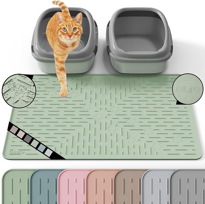 OHMO Large Cat Litter Mat, 31.5x23.6 Silicone Trapping Mat Sage Green | for Kitty Litter Box, Easy Clean, BPA Free Rubber, Center Litter Collection, Easy Pour-Back, Waterproof, Odor-Resistant
