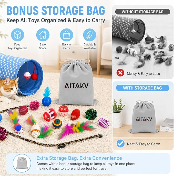 AILUKI 35PCS Cat Toys Variety Pack for Indoor Cats, Kitten Toys Set with Collapsible Cat Tunnel, Feather Wand, Plush Mice, Crinkle Balls & Interactive Cat Toys Bundle Storage Bag