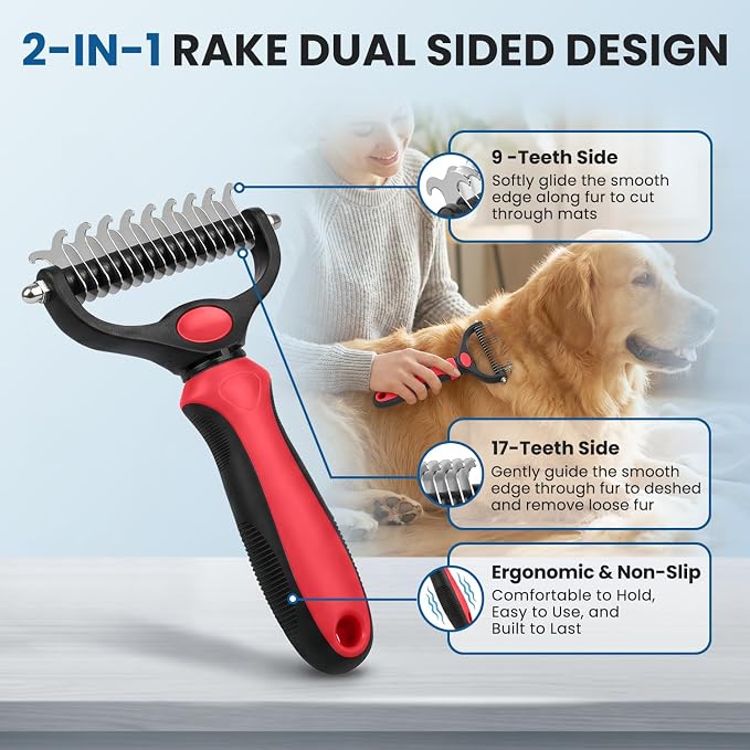 Pet Grooming Kit Brush and Metal Comb Combo, Double Sided Dematting Undercoat Rake Deshedding Brush for Long Short Matted Haired Dogs & Indoor Cats, Gift for Pet Lovers (Red Kit 4PCS)