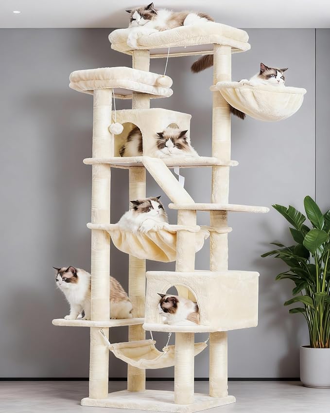 Heybly Cat Tree, 71-Inch-Tall Tower for Indoor Cats with 2 Perches HCT034M | Large Cat Furniture with 2 Big Condos, 2 Hammocks, Basket, Scratching Pad, Multi-Level Cat Condo, Beige