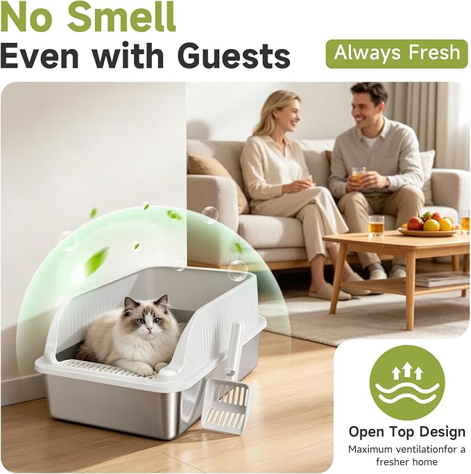 Stainless Steel Cat Litter Box with Lid, XL Extra Large High Sided Litter Box for Big Cats, Odor Free Open Top Litter Pan Easy Cleaning Anti-Urine Leakage Non-Stick, Includes Scoop, Light Grey