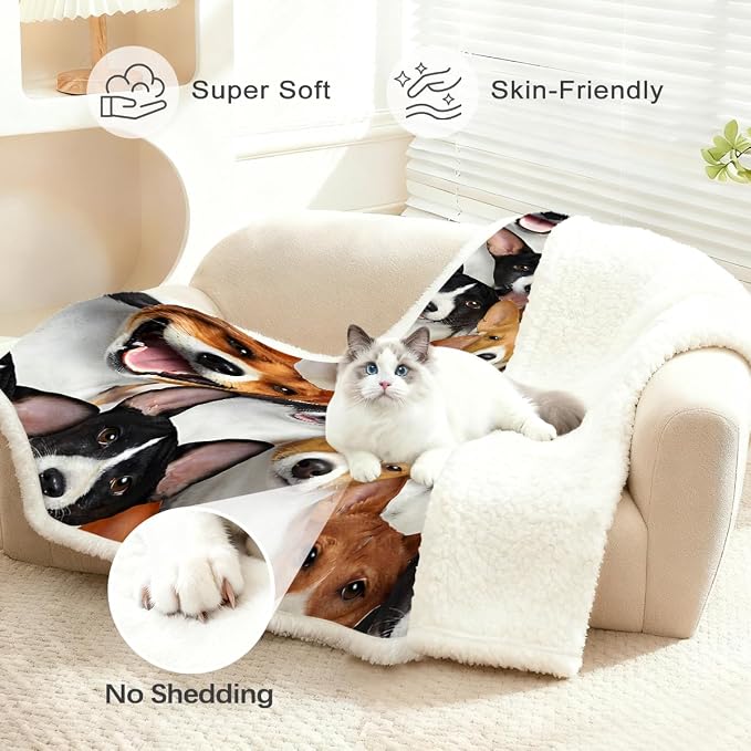 BlessLiving Fuzzy Dogs Blanket for Kids Adults Cute Puppy Fleece Blanket Reversible Animal Pattern Sherpa Throw (Basenji,Twin, 60 x 80 Inches)