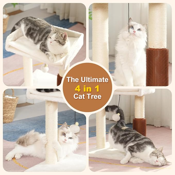 Cat Scratching Post Small Cat Tree with Cat Self Groomer, 15.7x13.7” Wide Top Bed, Natural Scratch Post and Danging Ball Great for Kittens and Average Indoor Cats-Medium Beige