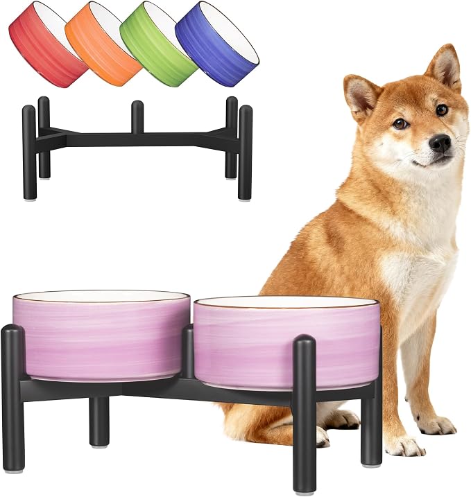 Ceramic Elevated Dog Bowl Set, 6.1''Raised Dog Food and Water Bowl Set with Non-Slip Stainless Steel Stand, Double Raised Dish for Small and Medium Breed, 3.5 Cups / 22 Fl Oz, Purple