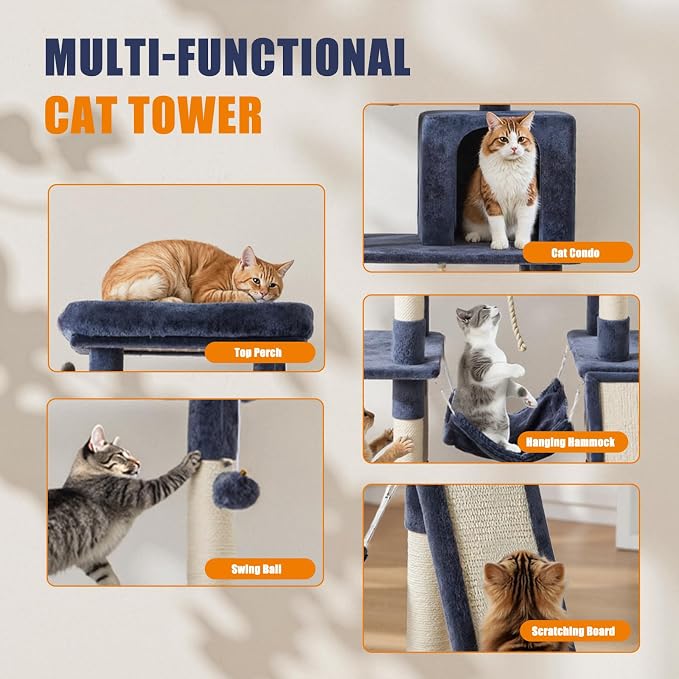 63 Inch Cat Tree Tower with Sisal Scratching Post | Multi-Level Cat Climbing Tower with Hammock, Pet Condo for Indoor Cats and Kittens, Grey