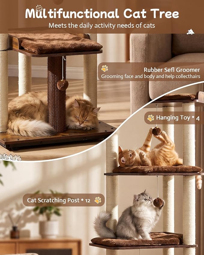 Heavy Duty Cat Tree, 67.7" Cat Tree for Indoor Cats Large Adult, Modern Cat Tower for Large Cats, Cat Tower with Scratching Post, Large Perch and Removable Pads, Rustic Brown