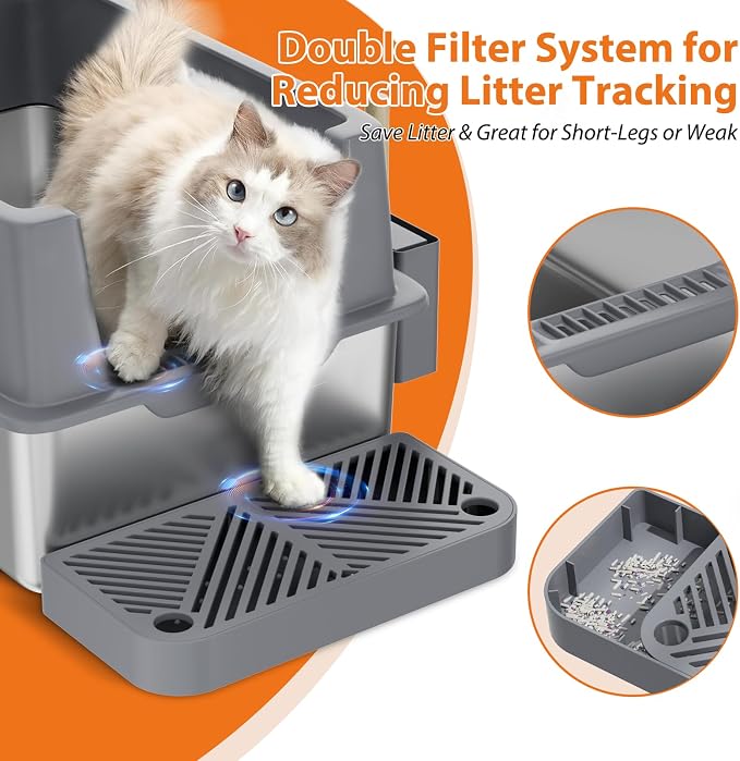 Stainless Steel Litter Box with Lid, XL Metal Cat Litter Box with Removable High Sided Enclosed, Foot Pedal & Scoop & Litter Mat for Big Cats, Anti-Urine Leakage, Non-Stick Bottom, Easy Cleaning