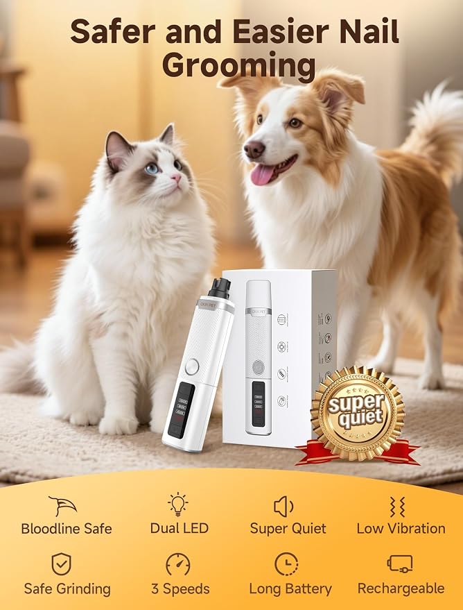 Dog Nail Grinder, Electric Dog Nail Trimmer Quiet with 2 LED Lights, 3-Speed Pet Nail Grinder for Dogs & Cats, Rechargeable 2000mAh Nail Grinder for Small Medium Large Dogs with Light, White