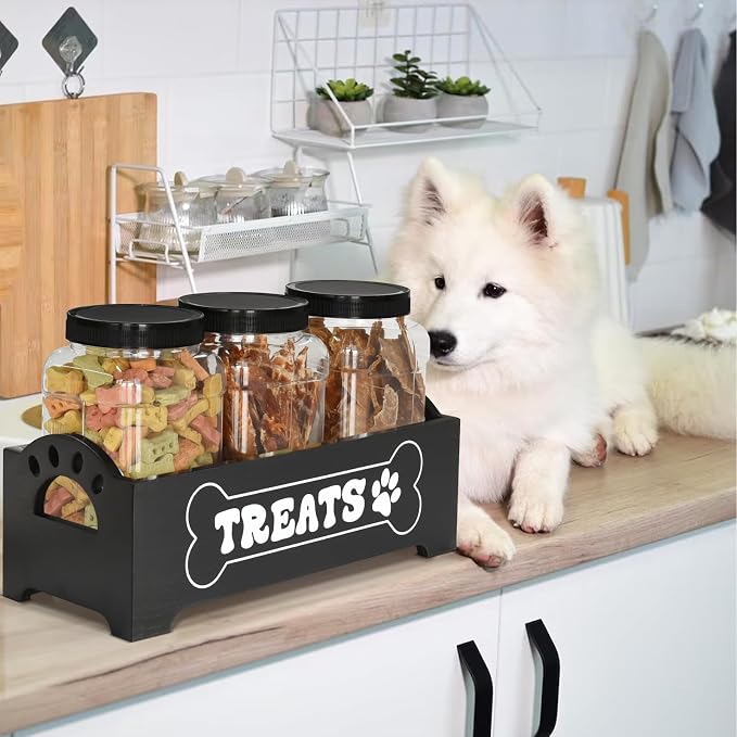 Dog Treat Container Dog Food Storage Container for Countertop, Cat Food Storage Container with 3 Plastic Dog Treat Jar, Dog Food Storage Container for Dog and Cat, Black Wooden Dog Food Container