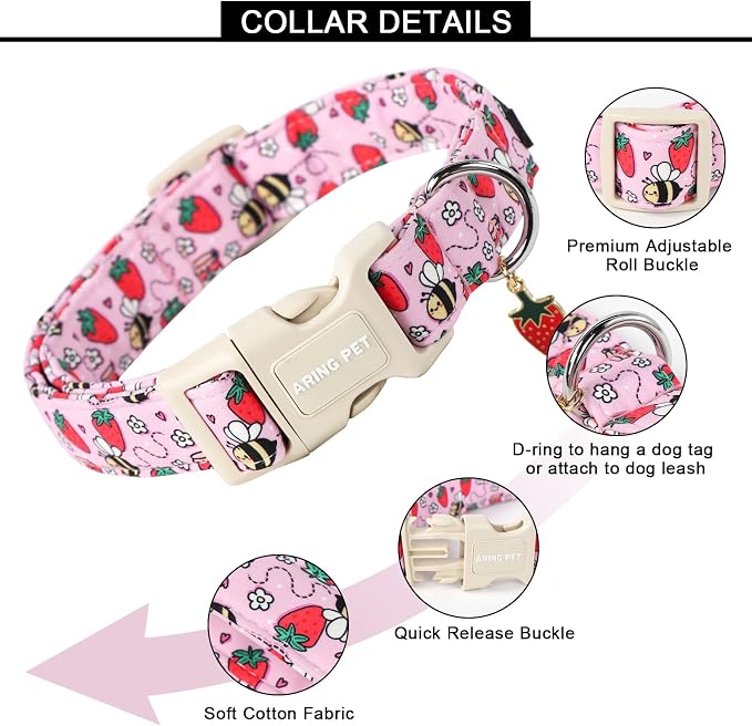 ARING PET Summer Dog Collar-Cute Pink Dog Collar for Small Dogs, Adjustable Strawberry Bees Print Pet Collars Puppy Collar for Small Medium Large Dogs