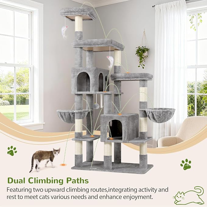 Globlazer 74in Large Sturdy Cat Tree for Large Cats, F74F, Light Grey | Tall Maine Coon Cat Tower for Indoor Cats Large Adult with 8 Scratching Posts, 2 Spacious Cat Condos, 3 Perches