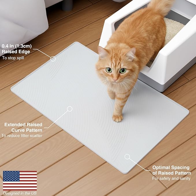 Cat Litter Box Mat - L Large Size 34 x 22 in, Water Proof, Kitty Litter Trapping Mat, Easy to Clean, Scatter Control, Odorless, Pet Supplies for Indoor Cats, Light Gray