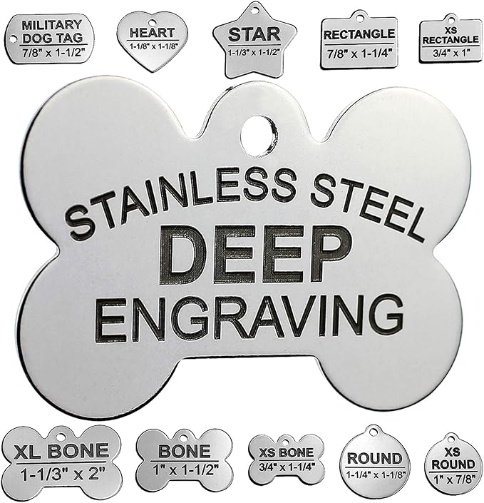 DEEP Engraved Premium Dog & Cat ID Tag – Personalized, Stainless Steel, Long-Lasting Durability - Bone 1" x1-1/2 (2-Side Engraving)