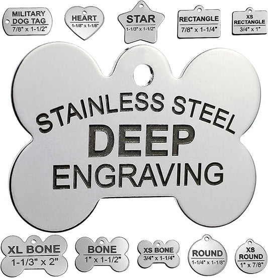 DEEP Engraved Premium Dog & Cat ID Tag – Personalized, Stainless Steel, Long-Lasting Durability - Bone 1" x1-1/2 (2-Side Engraving)