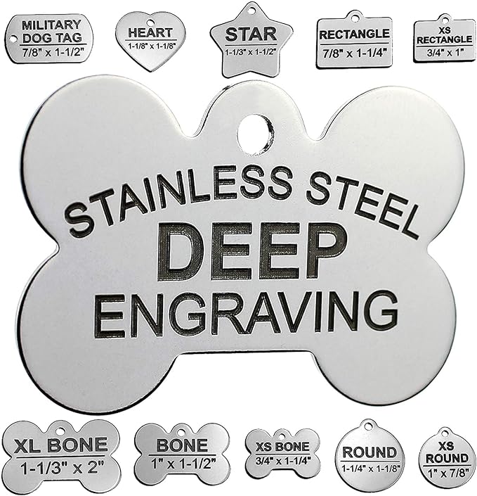 DEEP Engraved Premium Dog & Cat ID Tag – Personalized, Stainless Steel, Long-Lasting Durability - Bone 1" x1-1/2 (1-Side Engraving)