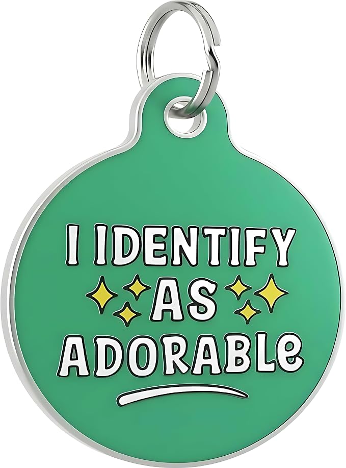 Bad Tags Personalized Dog and Cat ID Tags in 25+ Designs and 2 Sizes - 5 Lines of Custom Engraved Text - Funny Cute Personalized Pet Tags (I Identify As Adorable, Large (1.25 inch))