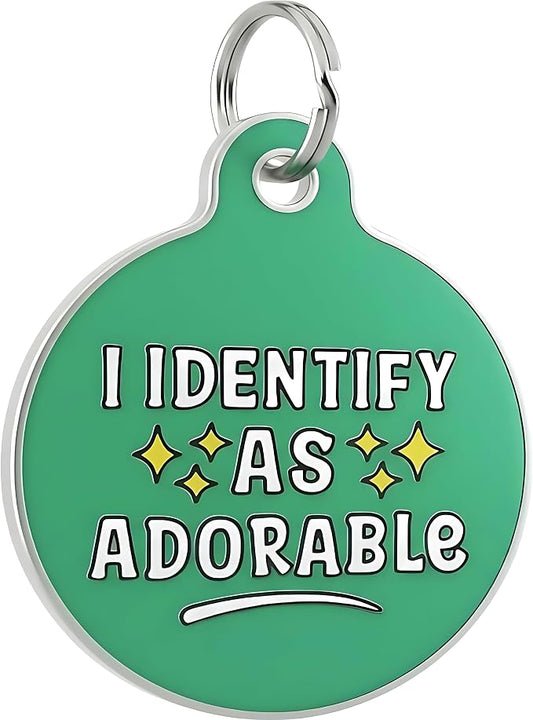 Bad Tags Personalized Dog and Cat ID Tags in 25+ Designs and 2 Sizes - 5 Lines of Custom Engraved Text - Funny Cute Personalized Pet Tags (I Identify As Adorable, Small (1 inch))